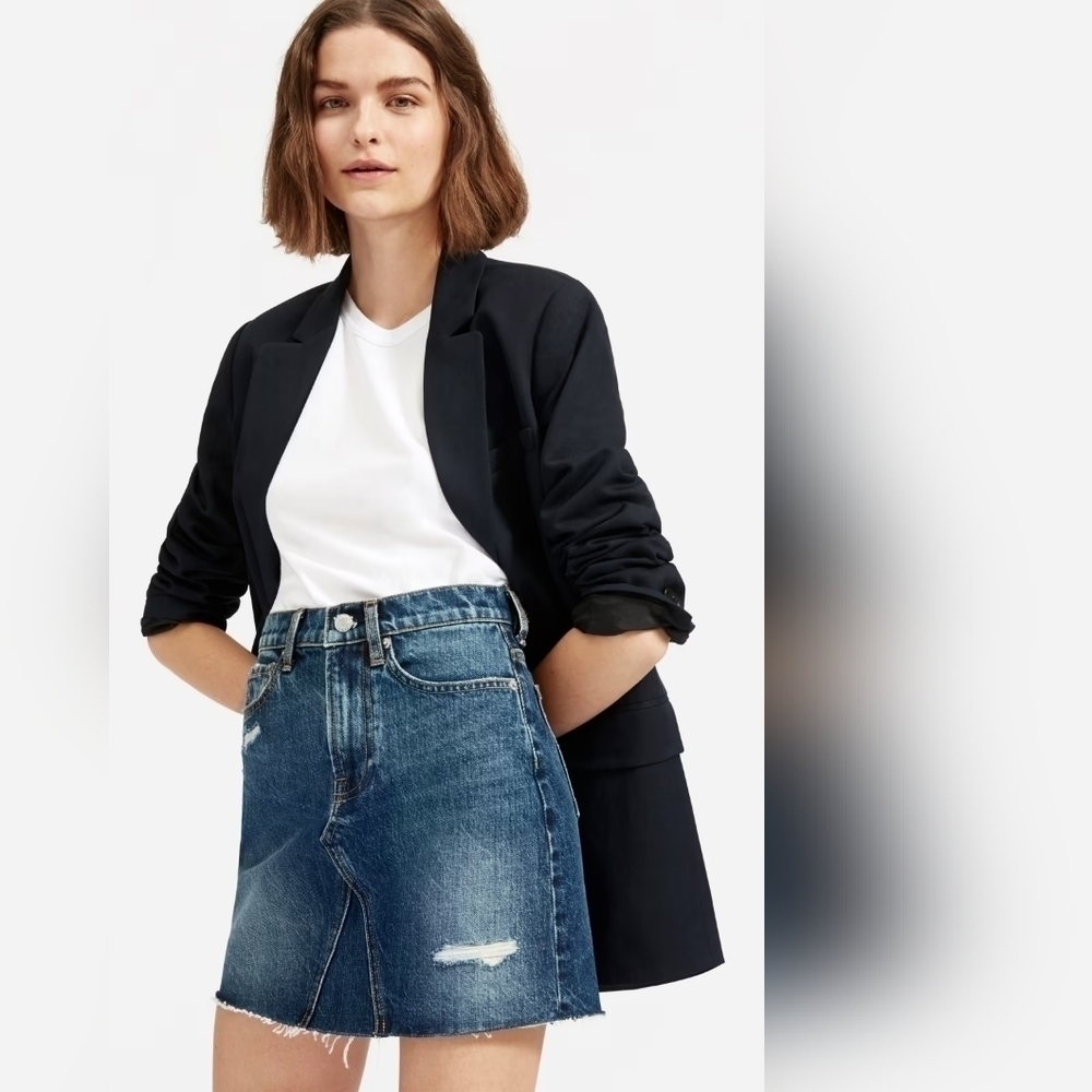 Everlane High Rise Distressed The Reconstructed Denim Jean Mini Skirt 27